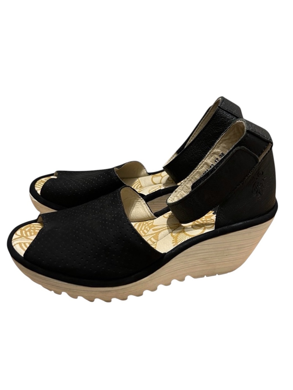 Fly London Black Open-Toe Wedge Sandals with Natural Platform